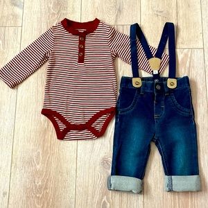3-6 Month Cat & Jacket Baby Boy Outfit Onesie and Jean Overalls